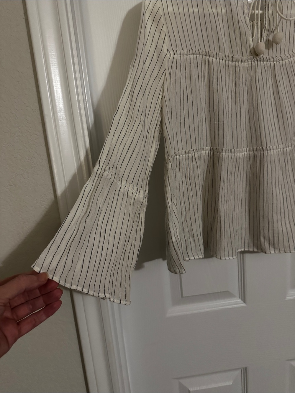 Madewell Cream Blouse with Thin Black Stripes and Ruffle Tiers - Picture 5 of 5